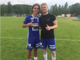  ?? Bild: MATILDA MARTINSSON ?? LYCKLIGA. Mirson Hashani och Robin Östman gjorde de tre viktiga målen i matchen mot Olympic.