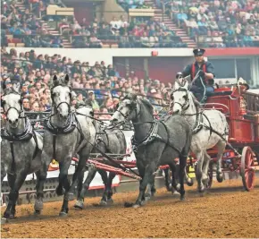  ?? MIDWEST HORSE FAIR ?? Smokin’ 6, a six-horse hitch, performs during the Midwest Horse Fair in Madison. The event was started in 1979 to bring equine enthusiast­s together.