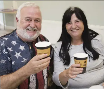  ??  ?? Patrick Devlin and Serena McGrath enjoying a cuppa at the Jade McCann coffee morning at Charleslan­d Community Centre.