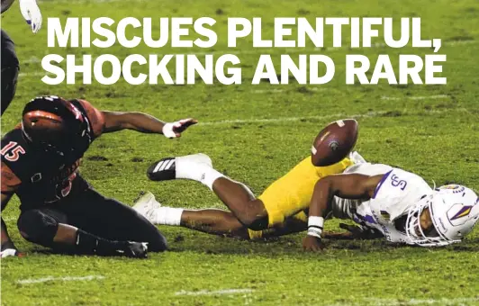  ?? MIGUEL VASCONCELL­OS ?? SDSU’S Jordan Byrd (left) loses the ball and then was hit by San Jose State’s Tre Walker on a punt return during Friday’s game at Dignity Health Sports Park.