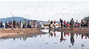  ?? FOTO: DPA ?? Fischhändl­erinnen warten früh am Morgen am Hauptstran­d des Victoriase­e auf Fischer, um ihnen Fisch abzukaufen.