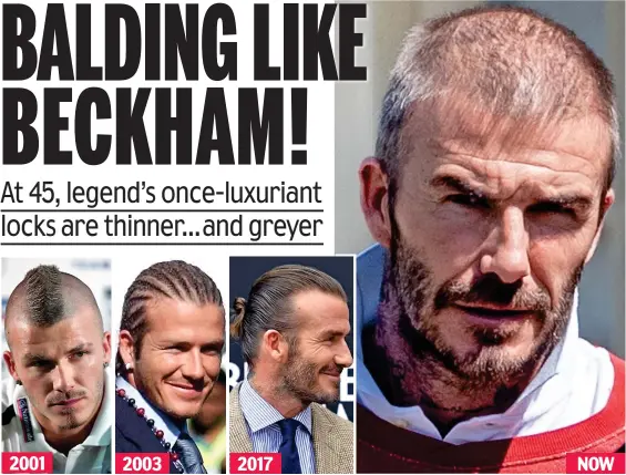  ??  ?? Hair apparent: David Beckham has sported styles including a Mohican, cornrows and man bun, but this week looked thin on top 2003 2017 NOW 2001