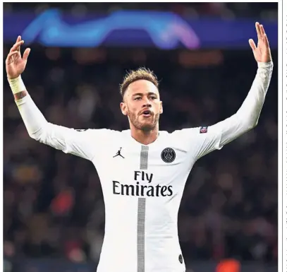  ?? — AFP ?? On fire: Paris St Germain forward Neymar celebratin­g after scoring against Liverpool during the Champions League Group C match at the Parc des Princes on Wednesday.