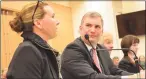  ?? Jarret Liotta / For Hearst Connecticu­t Media ?? New Canaan Superinten­dent of Schools Bryan Luizzi, center, listens to Board of Education Chairman Dionna Carlson at a past budget meeting.