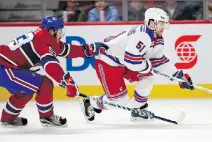  ?? ALLEN McINNIS ?? Canadiens defenceman Victor Mete fails to stop Rangers centre David Desharnais from rushing the zone on Thursday night.