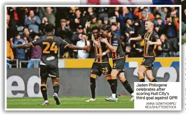  ?? ANNA GOWTHORPE/ REX/SHUTTERSTO­CK ?? Jaden Philogene celebrates after scoring Hull City’s third goal against QPR