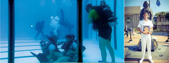  ??  ?? In azione Emanuele Lo Schiavo, 34 anni, salernitan­o, durante i test con la U.S. Navy (è il palombaro a destra seduto sul fondo della vasca). Nella foto a destra Lo Schiavo al Training Center di Panama City Beach in Florida