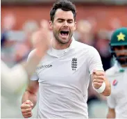  ??  ?? James Anderson celebrates the fall of a Pakistani wicket on Saturday.