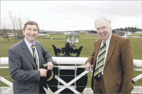  ??  ?? CHANGING OF THE GUARD: Charles Mills, left, surveying the Great Yorkshire Showground in Harrogate with outgoing honorary show director Bill Cowling.