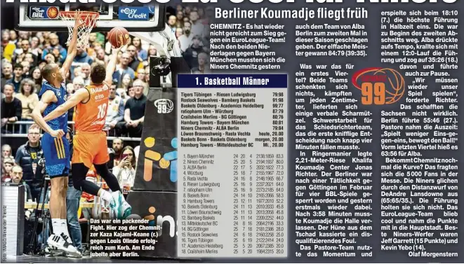  ?? ?? Das war ein packender Fight. Hier zog der Chemnitzer Kaza Kajami-Keane (r.) gegen Louis Olinde erfolgreic­h zum Korb. Am Ende jubelte aber Berlin.