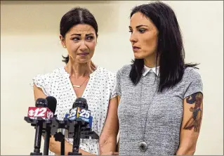  ?? LANNIS WATERS / THE PALM BEACH POST ?? Jillian Halkidis (left) and Sonny Scheinberg, sisters of Kevin Scheinberg, a motorcycli­st killed in a Labor Day hit-and-run crash on Interstate 95, plead Friday at a news conference at the Florida Highway Patrol office in Lantana for the driver who hit...