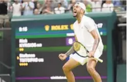  ?? AP ?? Australia’s Nick Kyrgios celebrates victory over Stefanos Tsitsipas on Saturday at Wimbledon, but both players earn fines on Sunday.