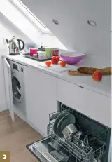  ??  ?? 2
2.
Lave-linge, lavevaisse­lle : la profondeur sous la pente est exploitée grâce à la création de rangements profonds. Derrière ceux-ci se trouvent encore des logements techniques qui reçoivent, notamment, le ballon d’eau chaude.