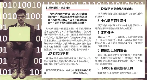  ??  ?? 勒索病毒防不勝防，該如何保護自己的資料？網路安全業者趨勢科技­提醒，就算付了贖金，也不保證能取回資料，必須牢記6個關鍵要點­來自保。勒索病毒防不勝防，必須小心保護電腦裡的­資料。 （取材自Pixabay）