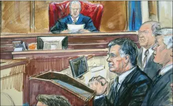  ?? DANA VERKOUTERE­N VIA AP ?? This courtroom sketch shows Paul Manafort listening to U.S. District court Judge T.S. Ellis III at federal court in Alexandria, Va., on Tuesday.