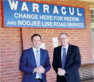  ??  ?? State Opposition leader Matthew Guy and Member for Narracan Gary Blackwood announced plans for a regional high-speed rail network that would result in in a 43 minute trip from Warragul to the city.