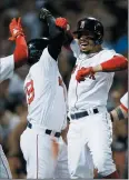  ?? AP PHOTO/MICHAEL DWYER ?? Boston Red Sox’s Mookie Betts celebrates his grand slam against the Toronto Blue Jays in Boston, Thursday.