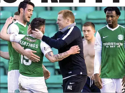  ??  ?? IN THE GOOD BOOKS: Hibs boss Lennon puts his arms round Keatings whose last-gasp goal brought victory over Falkirk
