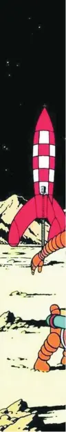 ??  ?? En el año 52, el dibujante Hergé llevó a su Tintín a este «Aterrizaje en la Luna» que fascinó a los amantes del cómic; en esta edición posterior ironizan con la llegada real de Armstrong