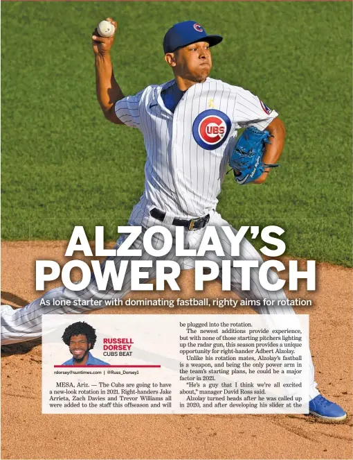  ?? PAUL BEATY/AP ?? Cubs right-hander Adbert Alzolay made four starts and two relief appearance­s during the 2020 season and went 1-1 with a 2.95 ERA.