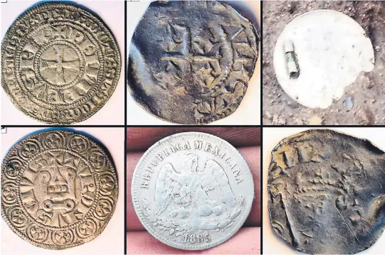  ??  ?? MYNTFUNN: Her fram- og baksider på en engelsk mynt fra 1100-tallet og en fransk mynt fra 1200-tallet funnet med metalldete­ktor. En mexicansk mynt fra 1885 lå oppe i dagen.