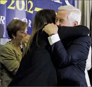  ?? AP/DARRON CUMMINGS ?? Sen. Richard Lugar hugs his daughter-in-law, Kelly, after conceding Tuesday night in Indianapol­is.