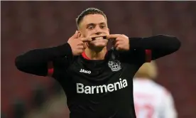  ??  ?? There was no muted celebratio­n from Leverkusen winger Florian Wirtz as he scored against his former club. Photograph: Sascha Steinbach/EPA