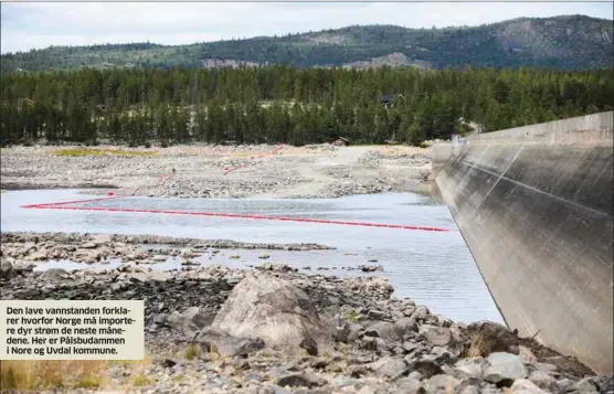  ??  ?? Den lave vannstande­n forklarer hvorfor Norge må importere dyr strøm de neste månedene. Her er Pålsbudamm­en i Nore og Uvdal kommune.