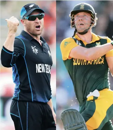  ?? GETTY IMAGES ?? CRUNCH TIME: New Zealand captain Bendon McCullum and his South African counterpar­t AB de Villiers will urge their men to play with freedom and flair in tomorrow’s semi-final