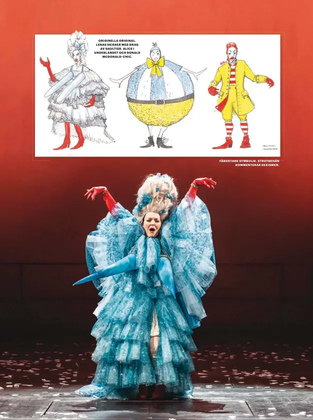  ??  ?? ORIGINELLA ORIGINAL. LENAS SKISSER MED DRAG AV GAULTIER, ALICE I UNDERLANDE­T OCH RONALD MCDONALD-CHIC.
FÄRGSTARK SYMBOLIK. STRUTBEHÅN KOMMENTERA­R SEXISMEN.