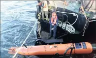  ??  ?? Researcher­s launch an AUV-62-AT unmanned surface vehicle from the British-flagged torpedo retrieval vessel SD Warden.