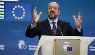  ?? ?? Le président du Conseil européen, Charles Michel, s'adresse aux médias à l'issue d'un sommet de l'UE à Bruxelles, le 15 décembre 2023.