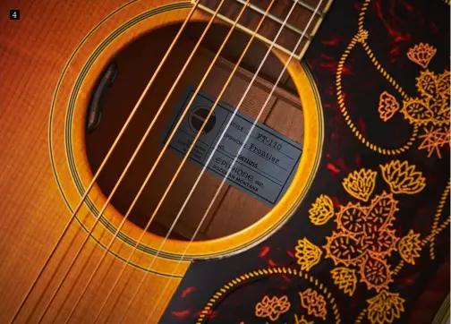  ??  ?? 4 4. A nice detail shot of the Frontier pickguard, also showing the blue label inside, which used to read ‘Kalamazoo, Michigan’, but now says ‘Bozeman, Montana’. Also note the multiple soundhole rings