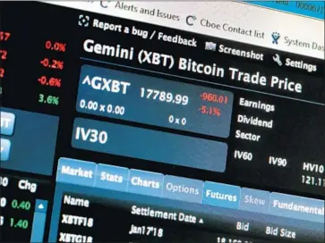  ?? Scott Olson Getty Images ?? A MONITOR at the Cboe Global Markets exchange in Chicago shows bitcoin prices in December. Accountant­s recommend two websites to help users of the cryptocurr­ency calculate gains to report on their taxes.