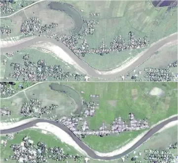  ??  ?? This combinatio­n of handout photos created courtesy of Human Rights Watch/DigitalGlo­be shows an analysis of satellite imagery revealing new destructio­n of Rohingya villages during October and November in northern Rakhine State in Burma, Human Rights...