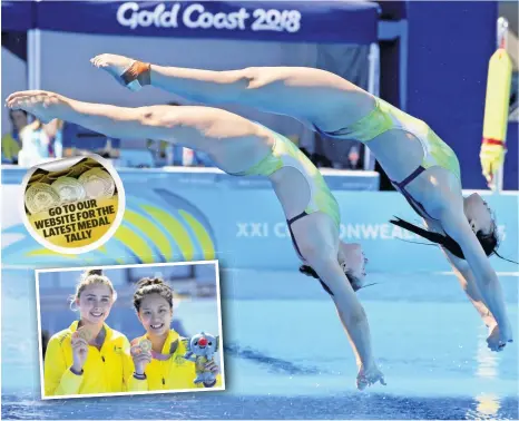  ?? PHOTOS: RICK RYCROFT/AP & DAVE HUNT/AAP ?? VICTORY SNATCHED: Australia's Esther Qin, right, and Georgia Sheehan in action during the women's synchronis­ed 3m springboar­d final yesterday. Inset: Sheehan and Qin show off their gold medals.