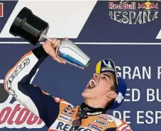  ??  ?? Bravo!: Marc Marquez celebratin­g on the podium after winning the MotoGP race of the Spanish Grand Prix in Jerez yesterday. — AFP