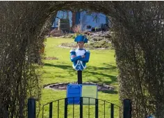  ??  ?? Vid grinden och häcken nere vid Lagavägen står en skylt med Napoleon-historik på både svenska och engelska.