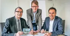  ?? RP-FOTO: BAUER ?? Die Namens-Jury (v.l.): Düsseldorf-Marketing-Chef Frank Schrader, RP-Wirtschaft­sredakteur Thorsten Breitkopf und KD-Chef Achim Schloemer.