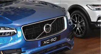  ?? (Photo by Jonas Ekströmer, TT via AP) ?? A Volvo XC 90 during an interview with Volvo Cars CEO Hakan Samuelsson at Volvo Cars Showroom in Stockholm, Sweden, Wednesday, July 5, 2017. Samuelsson said that all Volvo cars will be electric or hybrid within two years. The Chinese-owned automotive...