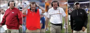  ?? The Associated Press ?? UNDER FIRE: Southeaste­rn Conference football coaches feeling heat in early season include, l-r, Arkansas’ Bret Bielema, Auburn’s Gus Malzahn, Tennessee’s Butch Jones and Texas A&M’s Kevin Sumlin. Arkansas plays Texas A&M on Saturday in Arlington, Texas.