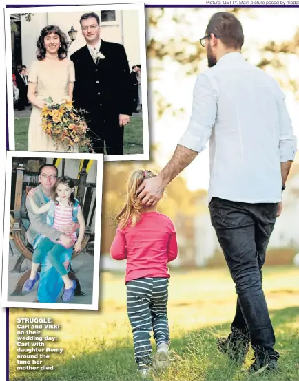  ?? Picture: GETTY. Main picture posed by models ?? STRUGGLE: Carl and Vikki on their wedding day; Carl with daughter Romy around the time her mother died