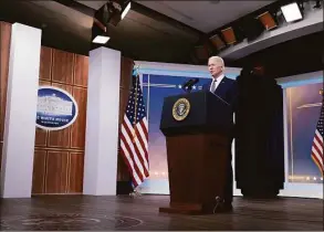  ?? Anna Moneymaker / Getty Images ?? President Joe Biden delivers remarks on gas prices in the United States from the South Court Auditorium of the White House on Thursday. During his remarks Biden announced that he is authorizin­g the release of barrels of oil from oil reserves over the next six months in an attempt to help ease the price of gas.