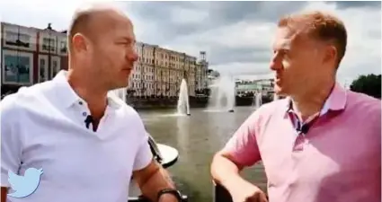  ??  ?? Enjoying Moscow: Alan Shearer, left, retweeted this shot of him with Coral PR director Simon Clare