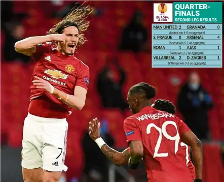  ?? — AFP ?? Pack a punch: Manchester United’s Edinson Cavani celebrates after scoring the opening goal of the Europa League quarter-final, second leg match against Granada at Old Trafford.