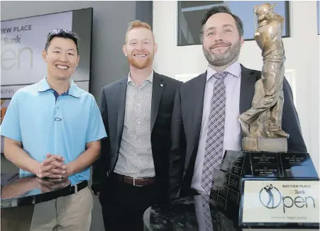  ??  ?? Vikes Performanc­e Tour leaders, from left, Eric Wang, Kevin Carrigan and Brent Wilson, spoke to the media Tuesday at Bayview Place as they look ahead to the likelihood of facing Mackenzie Tour pros at next week’s Bayview Place DC Bank Open.