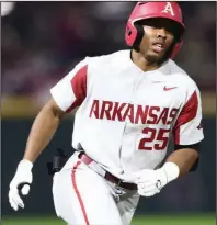  ?? (Photo courtesy Mississipp­i State Athletics) ?? Center fielder Christian Franklin hit home runs in the first and fourth innings to help Arkansas take a 4-0 lead en route to an 8-2 victory over Mississipp­i State on Friday at Starkville, Miss.