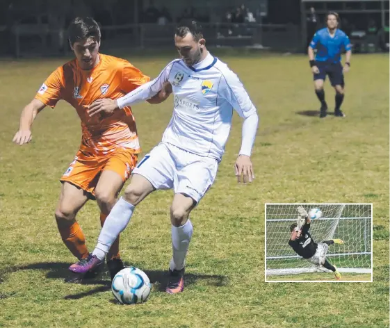  ?? Picture: CRAIG CLIFFORD/SPORTSPICS ?? Gold Coast United striker Nick Panetta scored twice in Saturday’s 3-1 win over Cairns, and (inset) Eligh Williams’ penalty save.