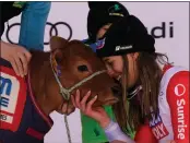  ?? GIOVANNI AULETTA — THE ASSOCIATED PRESS ?? The winner Switzerlan­d’s Jasmine Flury with the cow she was presented after an alpine ski, women’s World Cup downhill race, in Val d’Isere, France on Saturday.