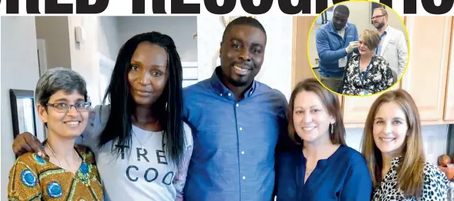  ??  ?? Starkey Hearing Foundation-Zambia Executive Director Dr Alfred Mwamba (centre) with his wife Sheeba (second from left) and colleagues. Inset Dr Mwamba at work.